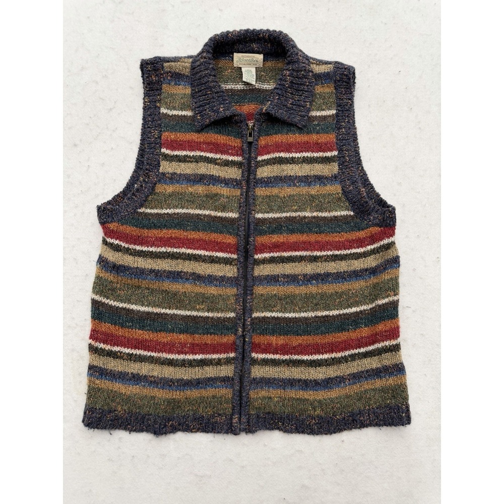 St Johns Bay Sweater Vest Mens L Multi Striped Full Zip Wool Vintage 90s Grandpa